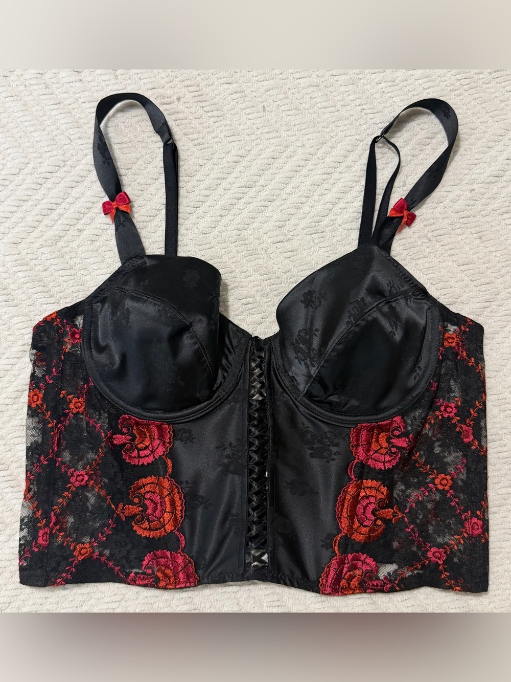 SIMONE PÉRÉLE VTG 90s Black Longline Bustier with Floral Embroidery 36B